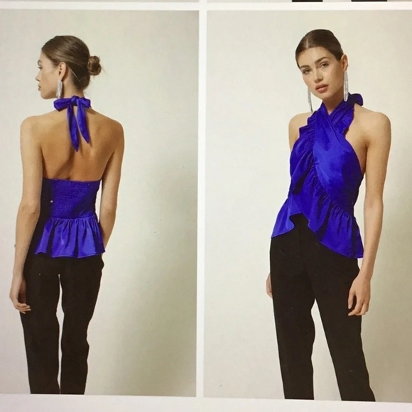 Line & Dot Blue Satin Halter Ruffle Peplum Wrap Going Out Top S NWT - Picture 8 of 16